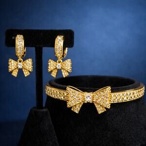 Kate Spade Gold Bow Huggie Earrings & Bracelet Set Sparkling Crystal Accent
